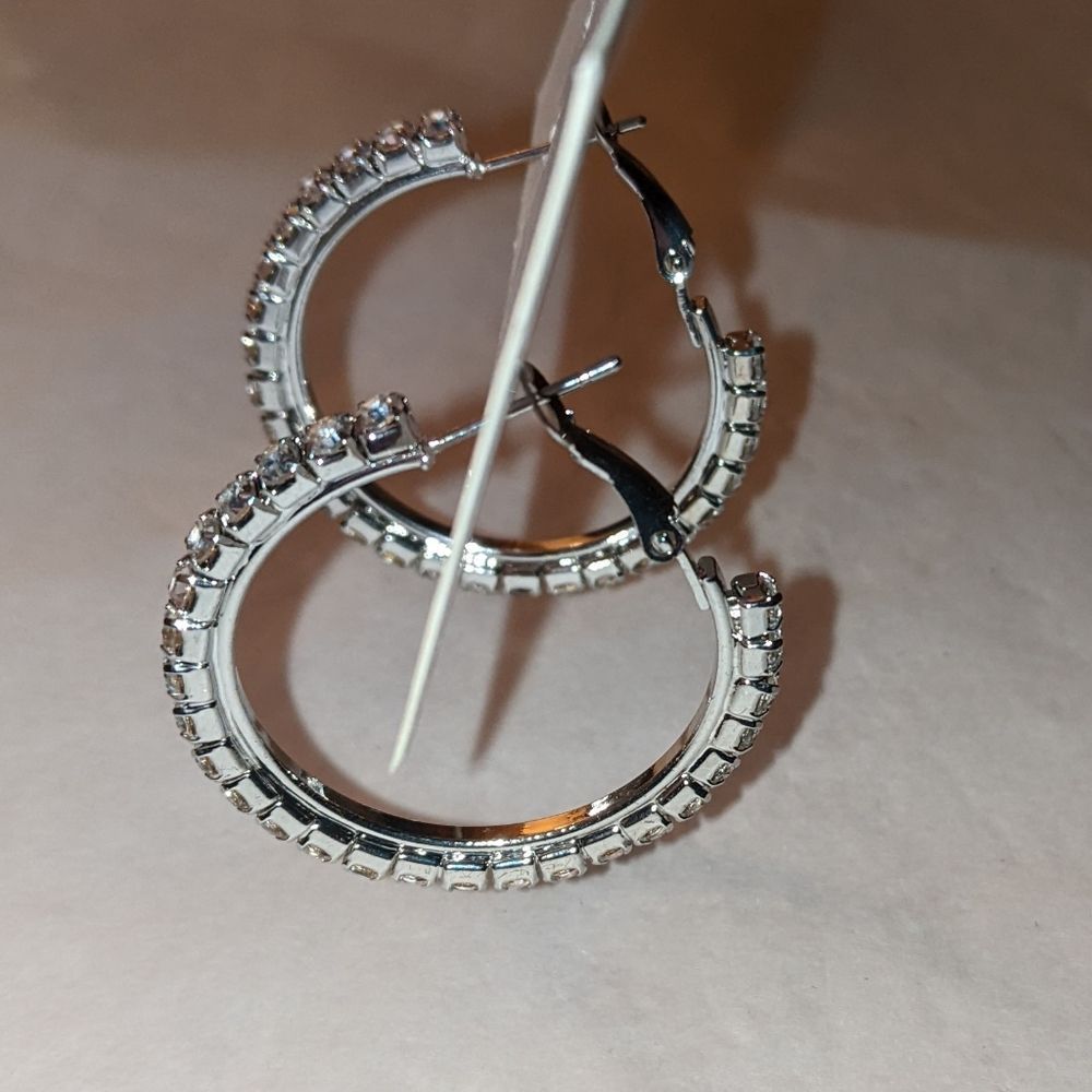 Silver Rhinestone Hoop Earrings Medium - Picture 7 of 8